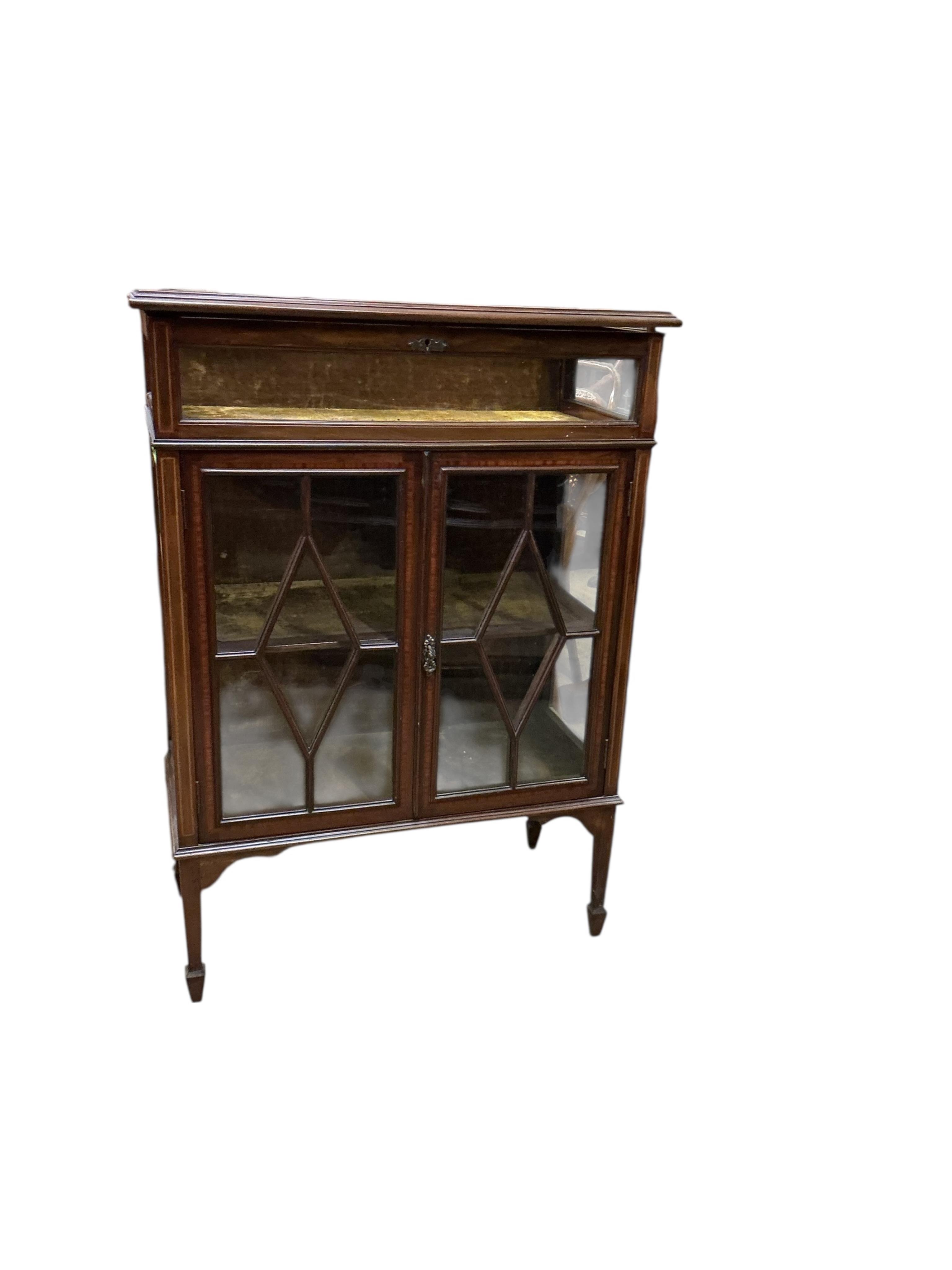 An Edwardian satinwood banded mahogany bijouterie cabinet, width 76cm, depth 38cm, height 107cm